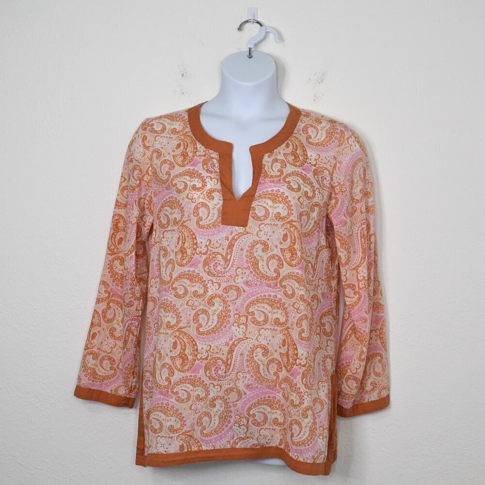 Lucky Brand Floral Tunic Top Sz L Paisley Boho 70s Retro Beach Artsy Vintage